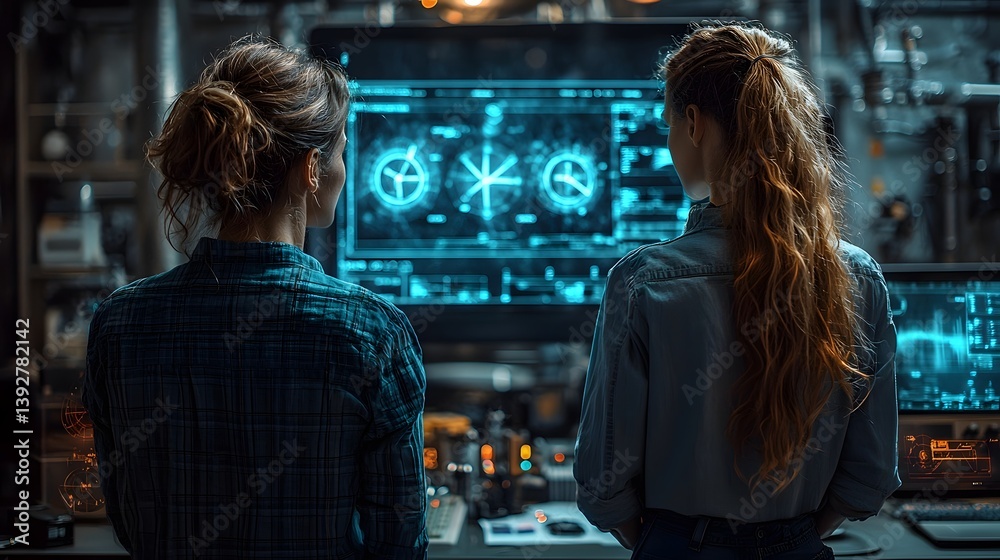 Futuristic energy lab with holographic displays