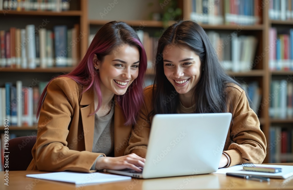 Two young female students study in library using laptop. Smiling friends look at computer screen, work together on project. Teamwork, knowledge, education concept. Diverse students with stylish look Two young female students study in library using laptop. Smiling friends look at computer screen, work together on project. Teamwork, knowledge, education concept. Diverse students with stylish look