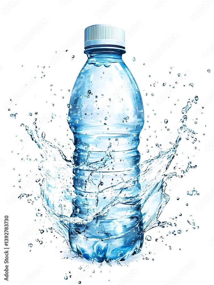 A water bottle with splashes of clean and refreshing water against a white background A water bottle with splashes of clean and refreshing water against a white background