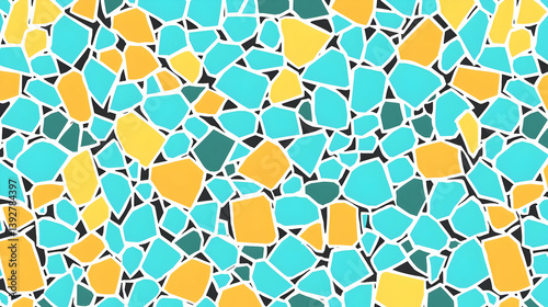 shapes in varying sizes, overlapping in shades of teal, mustard, and burnt orange, creating a dynamic and bold design