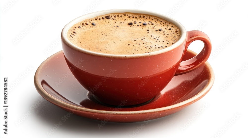 Fototapeta premium Red cup of coffee with crema on saucer.