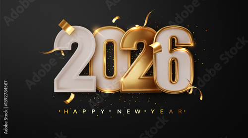 2026 Happy New Year Greeting Banner. Christmas Holiday Dark Banner with Golden numbers date 2026 on Dark Festive Background