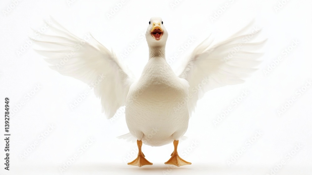 Fototapeta premium Duck jumping joyfully with wings spread wide in a humorous freeze-frame on a white background