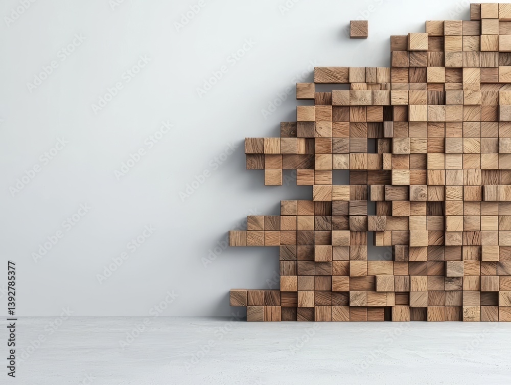 Fototapeta premium Interlocking wooden blocks forming a visually engaging 3D room divider with organic flow