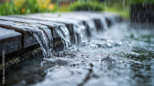 Extreme close-up of rainwater cascading down wooden planks with droplets splashing below