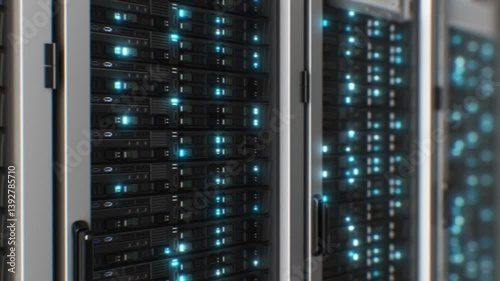 Beautiful Close-up Server Racks in Modern Data Center Loop 3d Animation. Artificial Intelligence Server Room Blue Lights Blinking Seamless Illustration. Cloud Computing Big Data Storage Concept 4k.