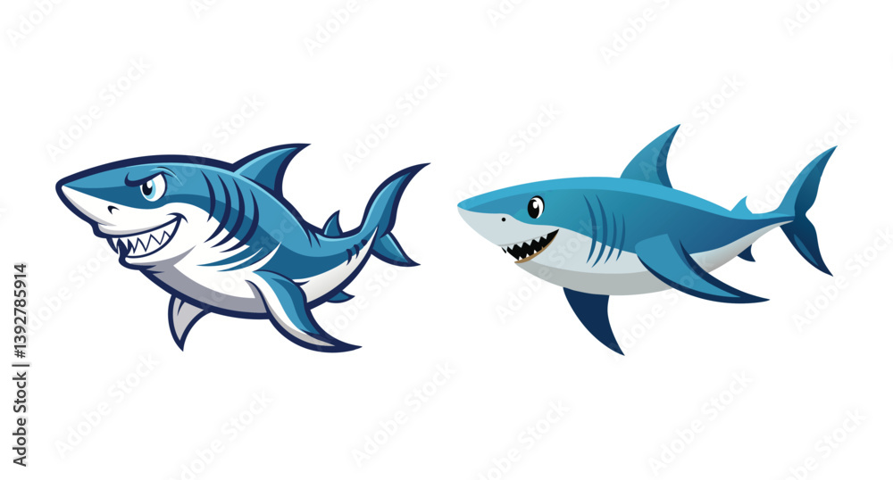 Fototapeta premium Two Cartoon Shark Illustrations Against a White Background