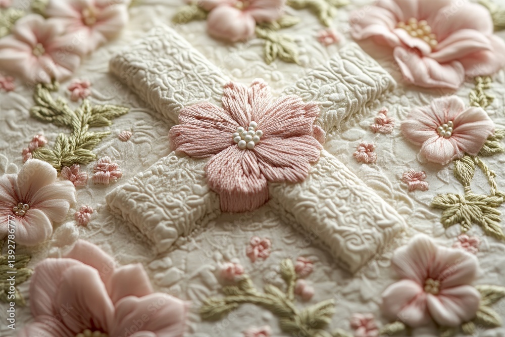 Fototapeta premium Elegant Easter Cross Embroidery: A Celebration of Spring with Delicate Pink Flowers and Intricate Textile Art, Perfect for Holiday Décor and Seasonal Greetings.