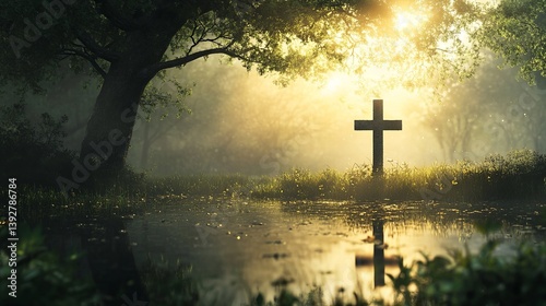Christian cross in nature background landscape with sun rays and fog religious faith and hope concept