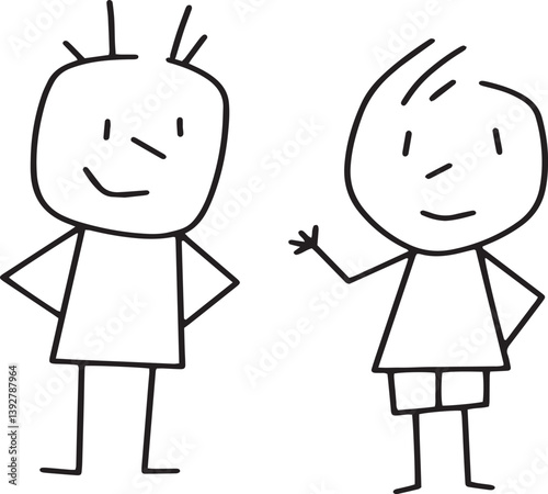 hand drawn vector illustration of happy family, happy getting know each other, hands in the air and hips, isolated vector illustration on white background