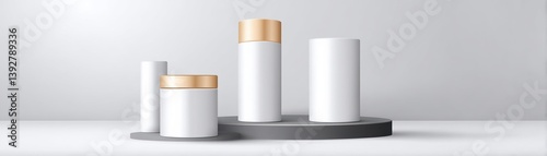 Wallpaper Mural A modern display featuring elegant, white cylindrical containers with gold lids on a minimalist black pedestal against a neutral backdrop. Torontodigital.ca