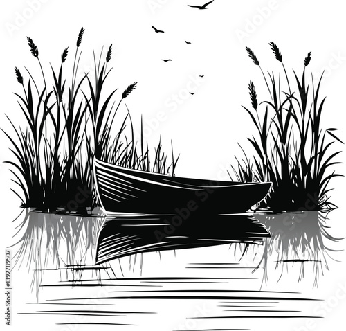 silhouette of a rowboat calm lake reflection ,reflection, water, calm, lake, silhouette, boat, rowboat, nature, river, sunset, sun, sky, landscape, summer, fishing, horizon, dusk, sunrise, fisherman