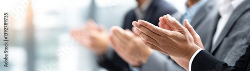 Hands clapping in a business setting, signaling appreciation or applause for a presentation or achievement among professionals.