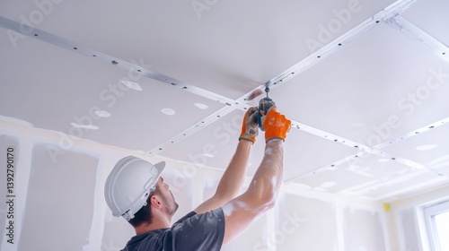 A drywall installer securing drywall sheets on a ceiling. Featuring precision and skill