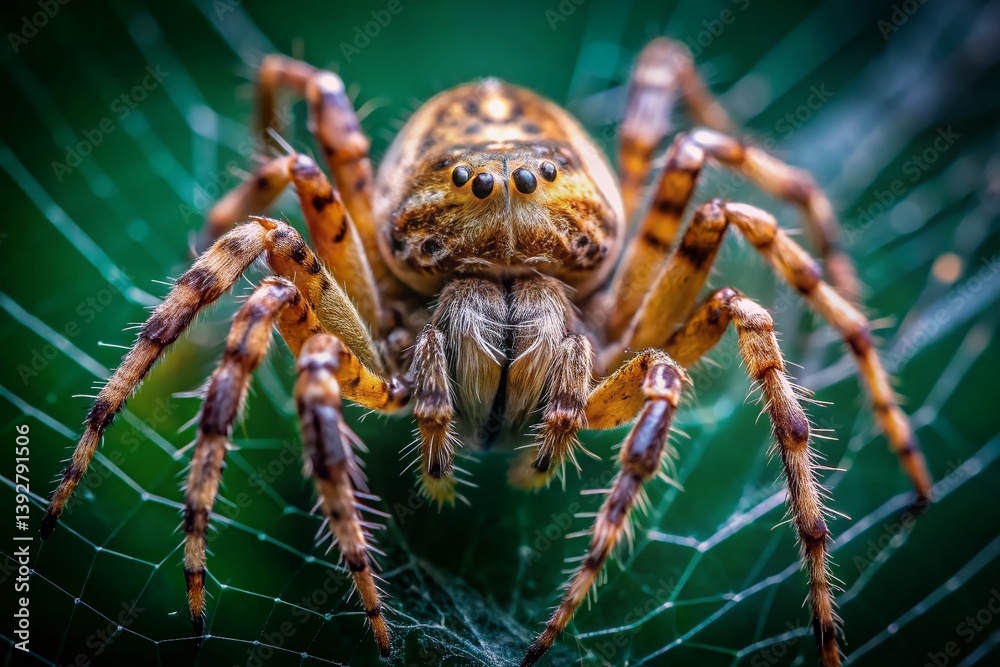Fototapeta premium Intricate Spiderweb and Brown Spider Macro Photography Against a Dark Green Background A Detailed CloseUp of Arachnid