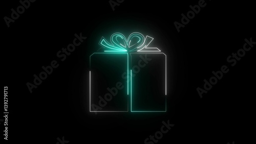 A neon gift box icon features glowing colorful lights, with a wrapped box design and a ribbon on top, symbolizing celebration, surprises, and special occasions.