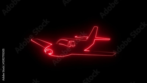 A neon airplane icon showcases glowing blue and white lights, featuring a sleek, streamlined aircraft design with trailing motion lines, symbolizing air travel and adventure.