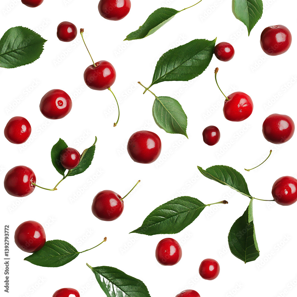 Red cherries with leaves, showcasing vibrant color and fresh natural texture, Isolated Transparent Background
Red cherries with leaves, showcasing vibrant color and fresh natural texture, Isolated Transparent Background
