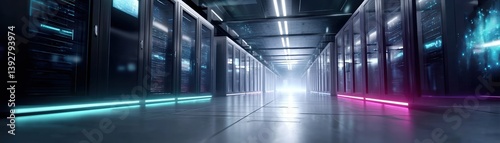 Wallpaper Mural A futuristic server room with illuminated pathways, showcasing rows of servers and a bright light at the end of the corridor. Torontodigital.ca