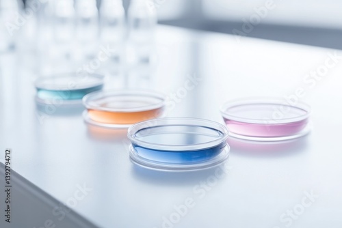petri dishes featuring colorful microbial cultures on white laboratory workbench