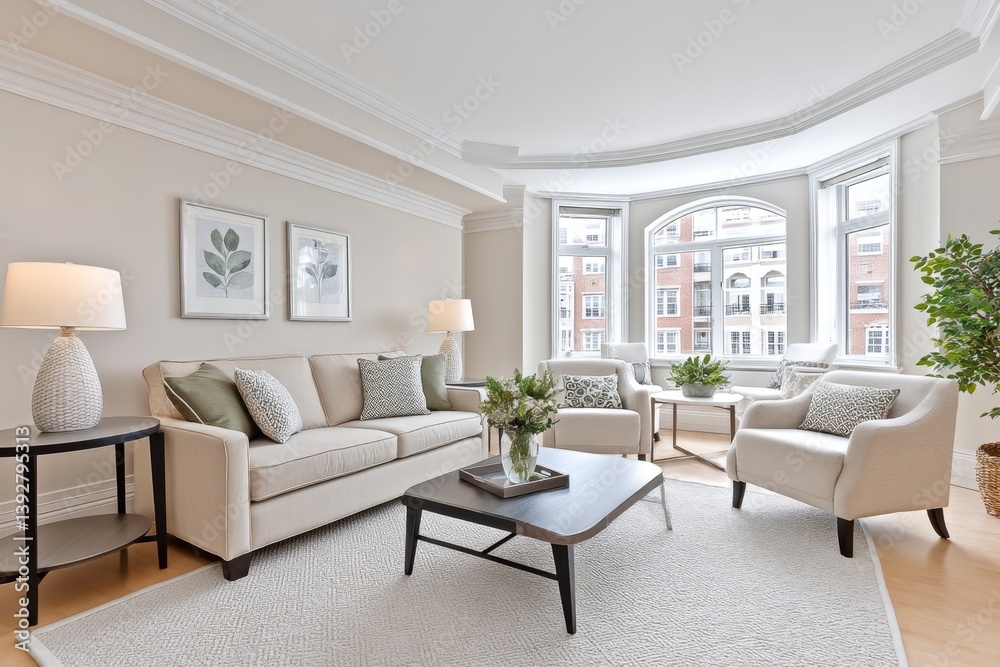 Fototapeta premium A property listing photo of a staged living room with neutral tones and natural light