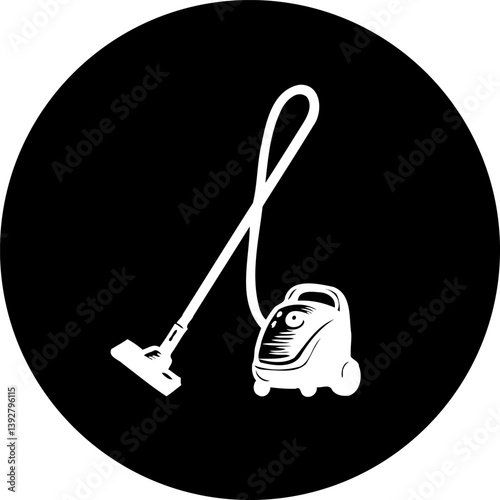 Iconic vacuum cleaner illustration against a bold, minimalistic black circle design