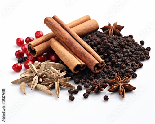 Wallpaper Mural Aromatic Spices Collection Whole Cinnamon Sticks, Star Anise, and Peppercorns on White Background Torontodigital.ca
