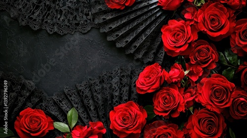 Fototapeta Naklejka Na Ścianę i Meble -  A Spanish flamenco-style anniversary theme with red roses and lace fans.