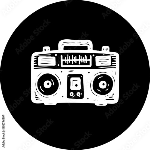 Retro Stereo Illustration: Nostalgic Audio Device Graphic in Circular Backdrop