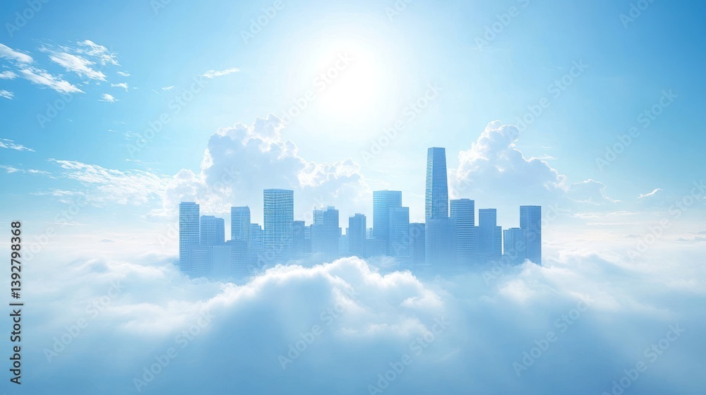 Fototapeta premium Cityscape above clouds, bright sunny day.
