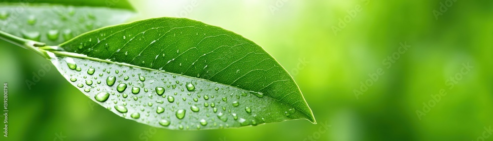 Fototapeta premium Close-up of green leaves with water droplets, showcasing the beauty of nature and freshness in a vibrant natural setting.