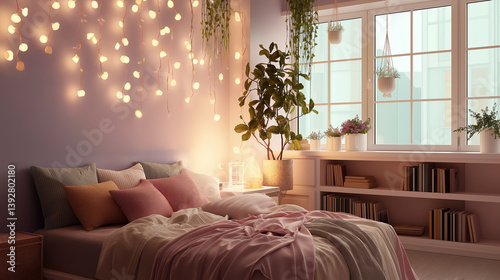 pink room with lots of pillows.