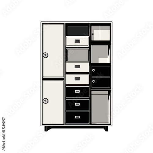 Cabinet, furniture, vector, transparent background, black and white style