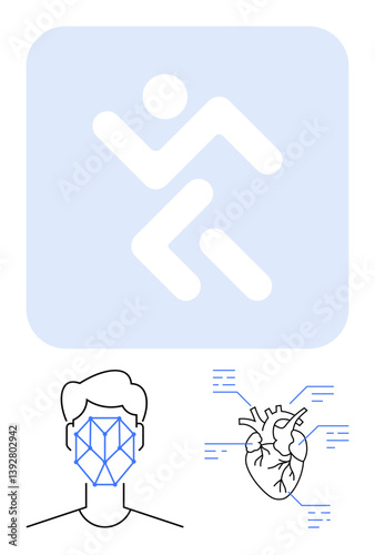 Facial recognition mapping, heart with veins and data lines, running icon. Ideal for health monitoring, fitness tracking, medical technology, biometric analysis, wellness, healthcare innovation flat