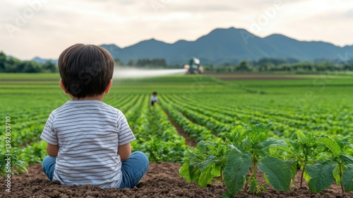 Pesticide farm Concept, Child Playing Near Farm Field with Spraying Pesticide in Background, Beautiful Landscape View