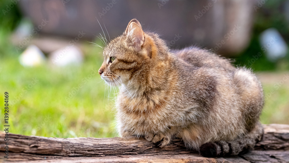 Striped gray-brown wildcat sitting on an old wooden beam against a blurred green background, profile view