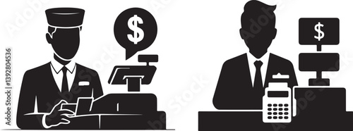 Silhouette of a cashier or businessperson behind a register payment terminal, representing financial transactions, sales, and retail services