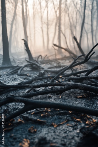 Devastated aftermath scene of wild forest fire.