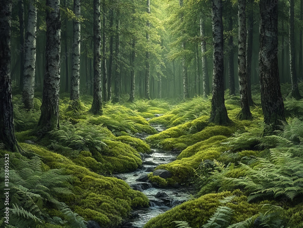 Fototapeta premium A Serene Stream Flows Through a Lush Forest of Birch Trees, Moss, and Ferns, Creating a Tranquil and Enchanting Landscape Scene.