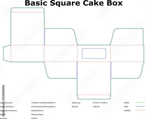 Basic Square Cake Box Design Template Folding Diagram and Dimensions