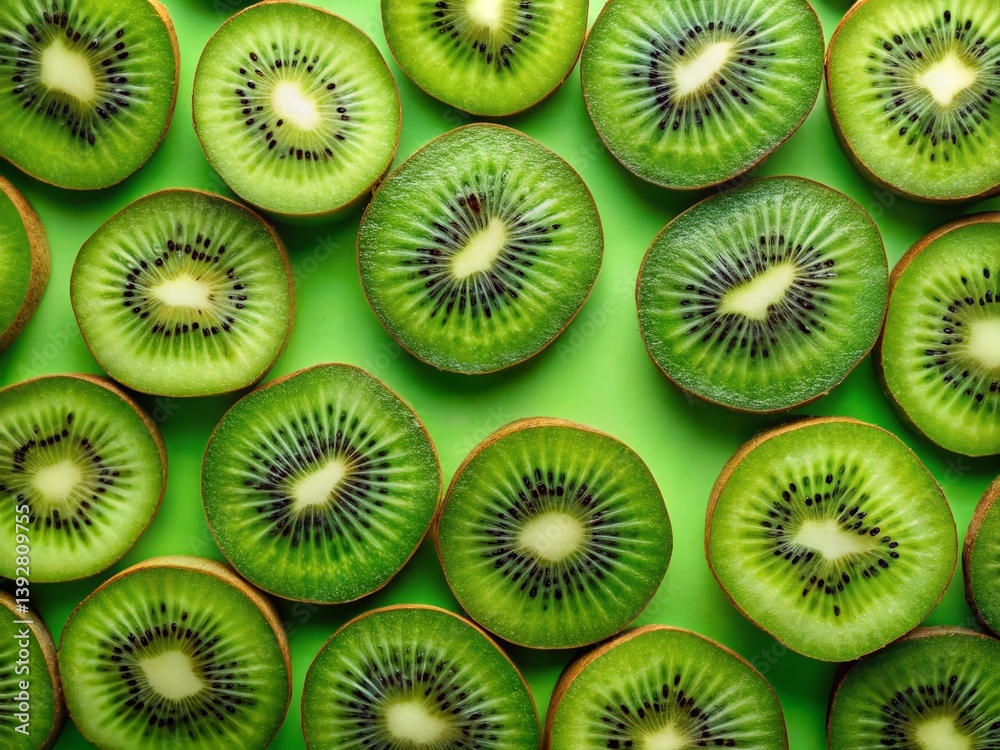 Closeup View of Fresh Kiwi Slices on a Vibrant Green Background A Macro Photography Study of Tropical Fruit Closeup View of Fresh Kiwi Slices on a Vibrant Green Background A Macro Photography Study of Tropical Fruit