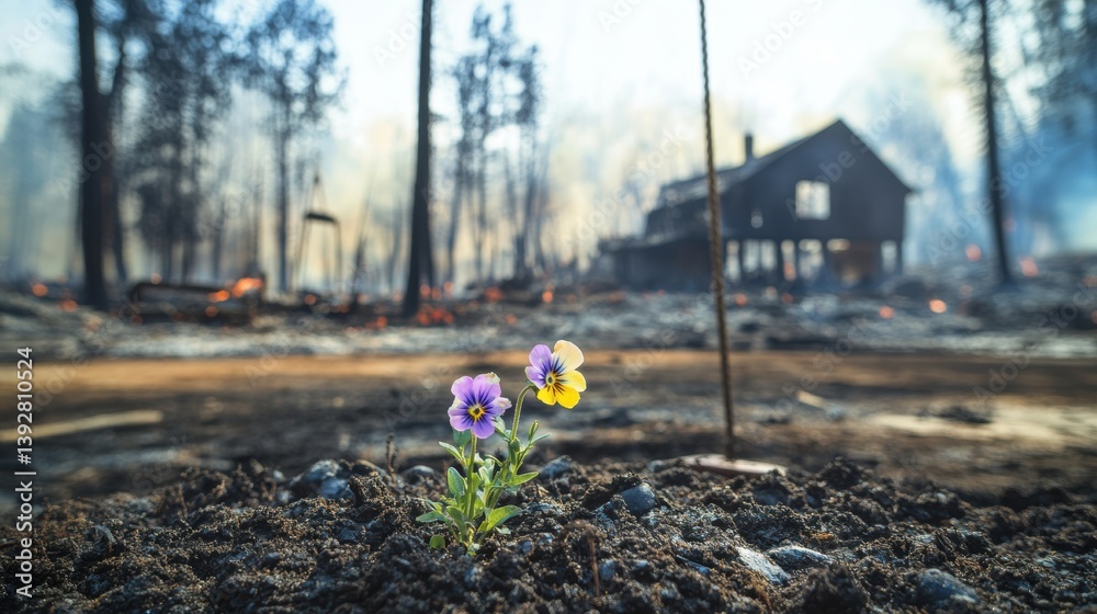 Naklejka premium Plant sprout growing out of burnt soil in a devastated village after wild fire.