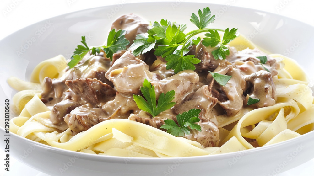 A hearty bowl of beef stroganoff with tender beef strips, mushrooms, and a creamy sauce. A hearty bowl of beef stroganoff with tender beef strips, mushrooms, and a creamy sauce.