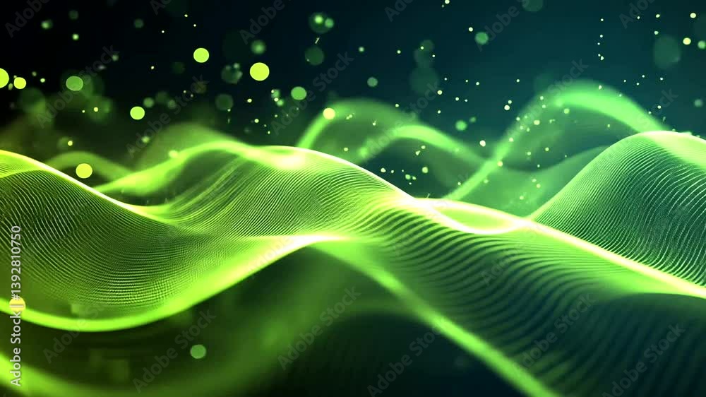 Abstract green wave patterns with glowing particles creating a dynamic, digital landscape
