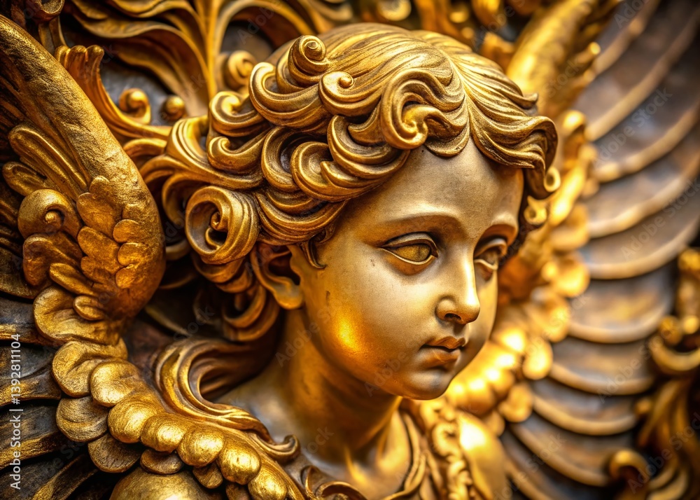 Fototapeta premium Exquisite Detail of a Golden Cherub Sculpture Closeup Macro Photography of Ornate Wings and Intricate Design