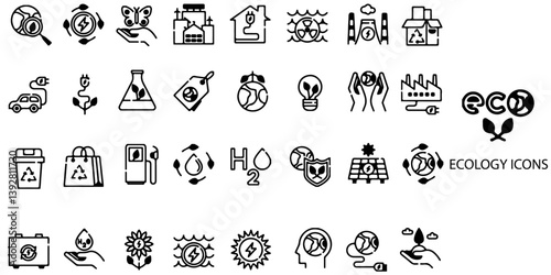 Ecology simple concept 28 icons set. Contain such Environment, sustainability, nature, recycle, renewable energy; electric bike, eco-friendly, forest, wind power, green and more .Vector illustration.	