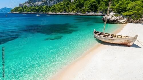 Serene Beach with Gentle Waves and Wooden Boat on the Shoreline of a Tropical Coast