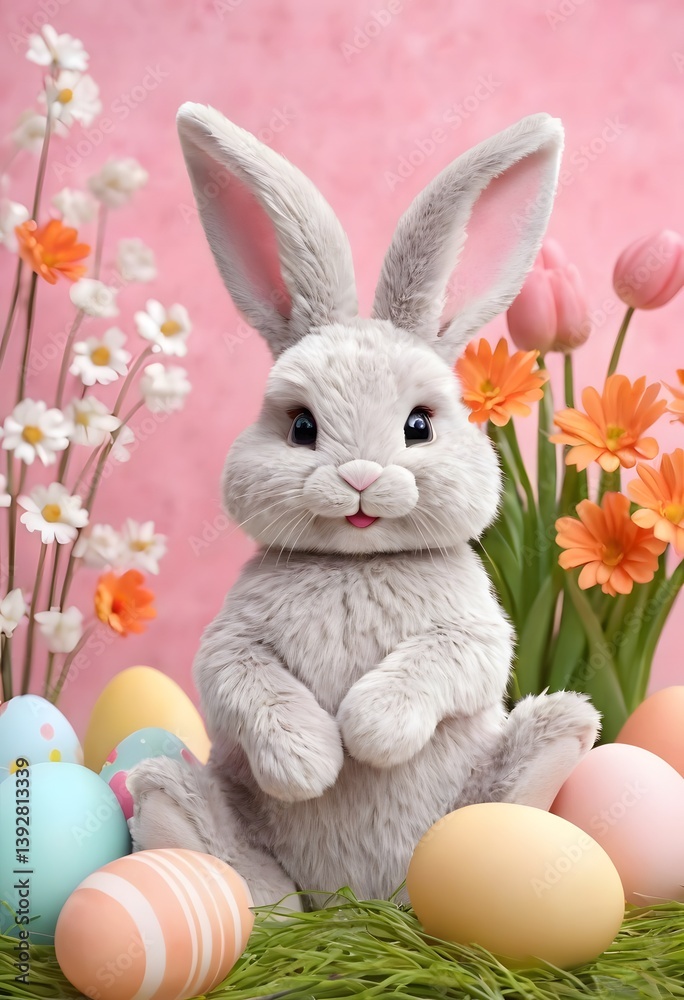 Obraz premium Easter bunny colorful tulips and pastel eggs on abstract background spring holiday greeting scene