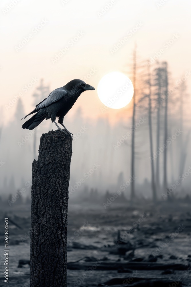 A raven stands on a tree stump with background of the aftermath of wild fire devastation.