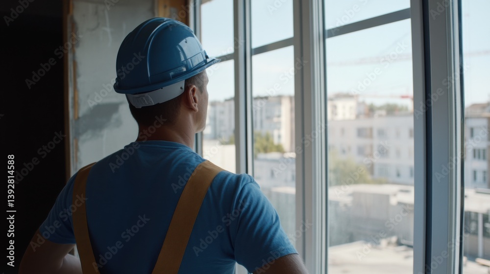 A foreman overseeing the installation of windows on a construction site. Featuring oversight and precision A foreman overseeing the installation of windows on a construction site. Featuring oversight and precision